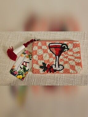 Beaded Cocktail Coin Pouch - Peach and White